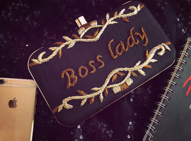 BOSS LADY embroidery name clutch with button knob