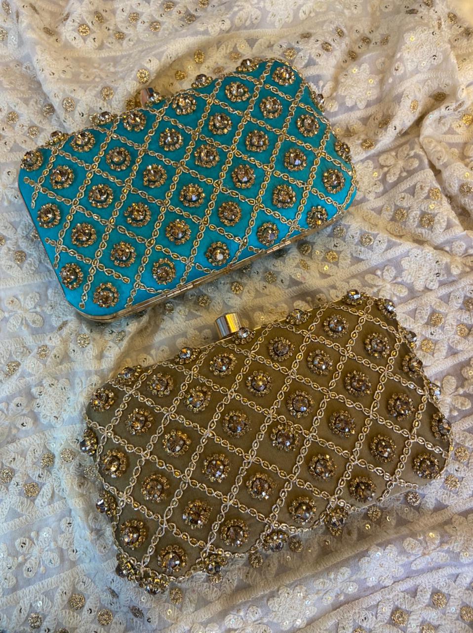 Golden embroidery & diamond work name clutch