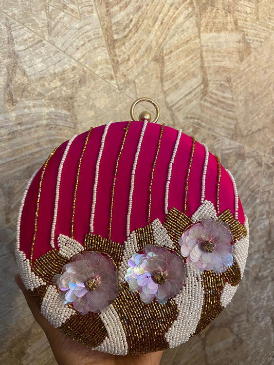 Sequins work round name clutch