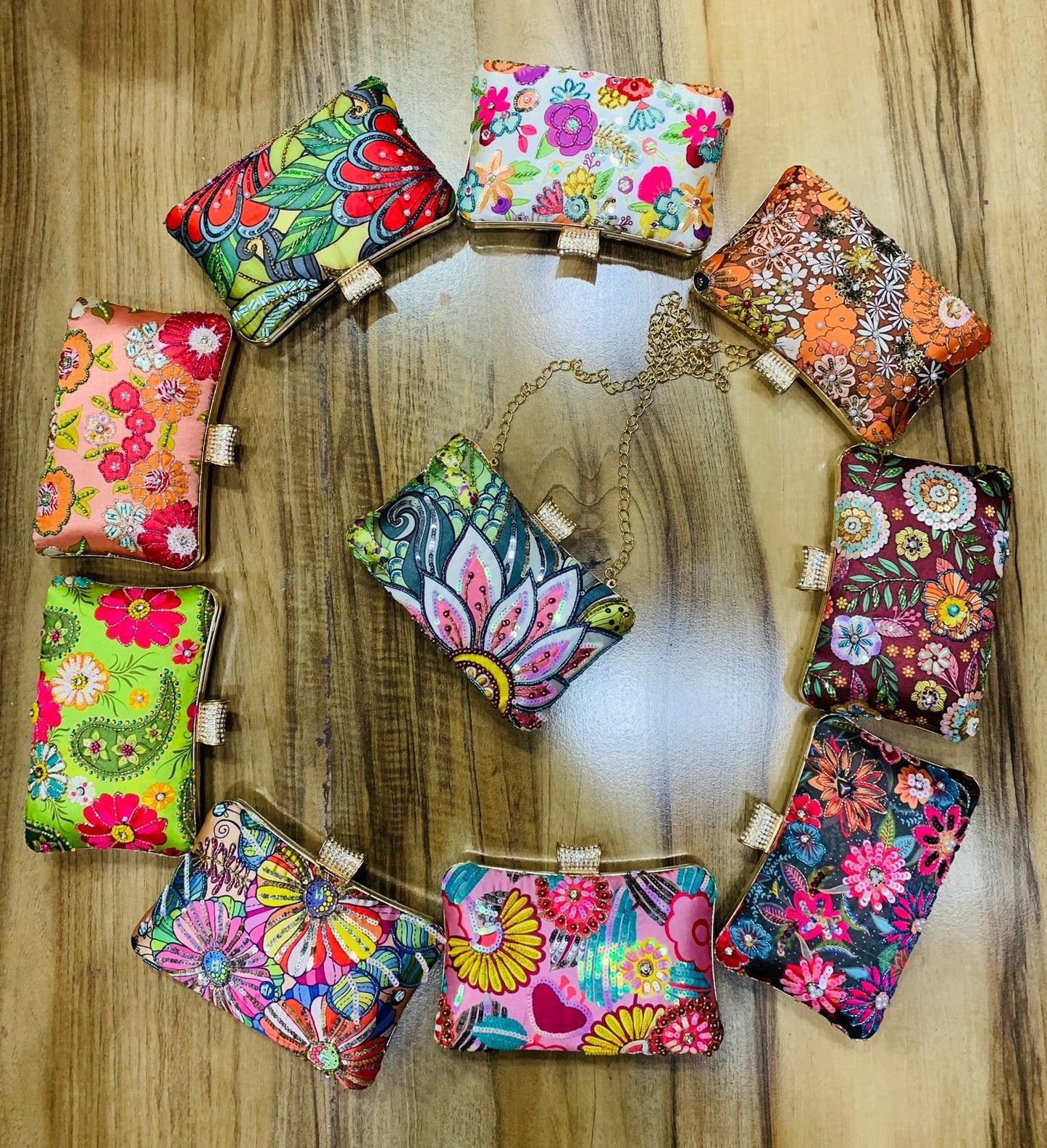 Multi color printed clutch with embroidery work