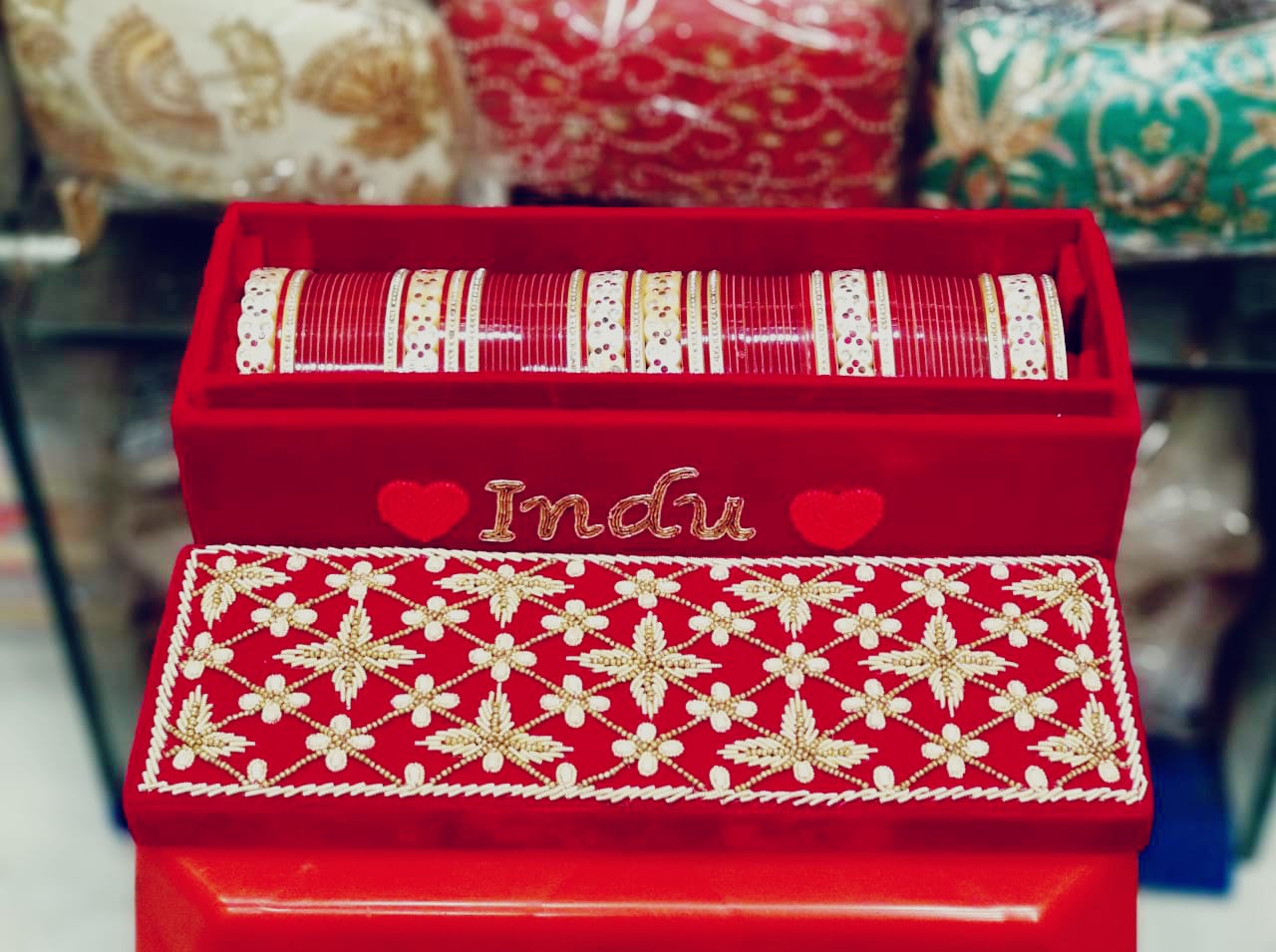 Red single rod bangle box with embroidery work & name