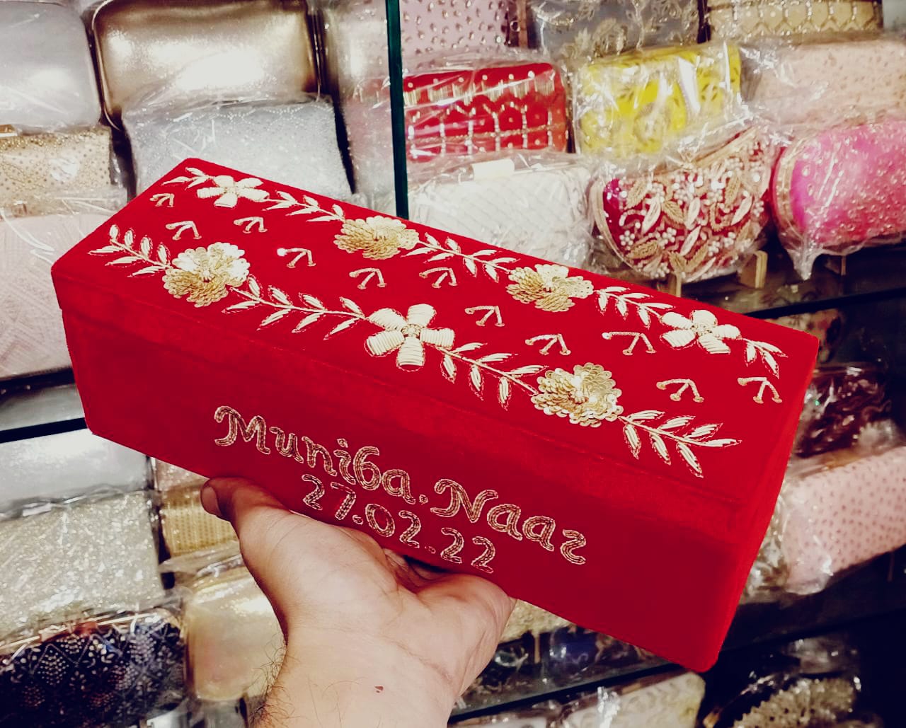 Red single rod bangle box with embroidery work & name