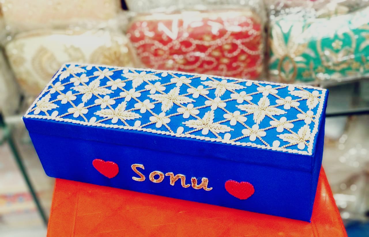 Blue single rod bangle box with embroidery work & name