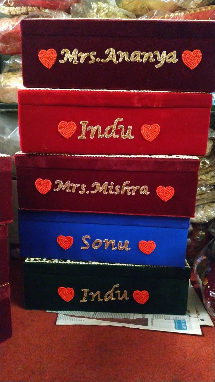Red single rod bangle box with embroidery work & name
