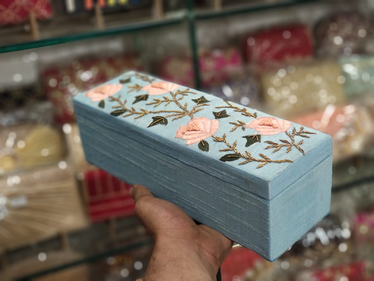 Light blue single rod bangle box with embroidery work & name