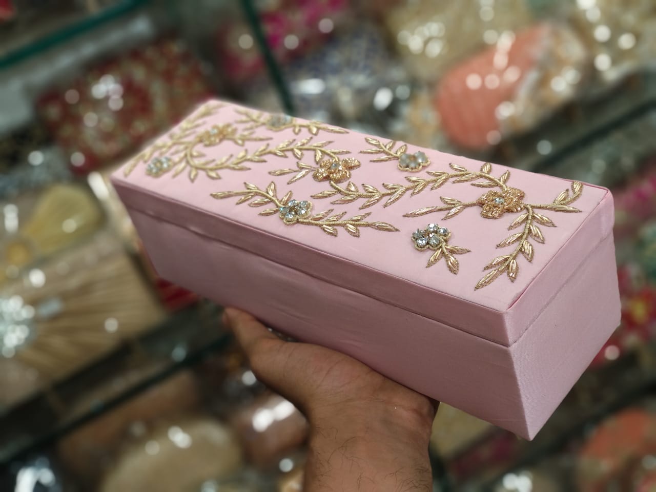 Light pink single rod bangle box with embroidery work & name