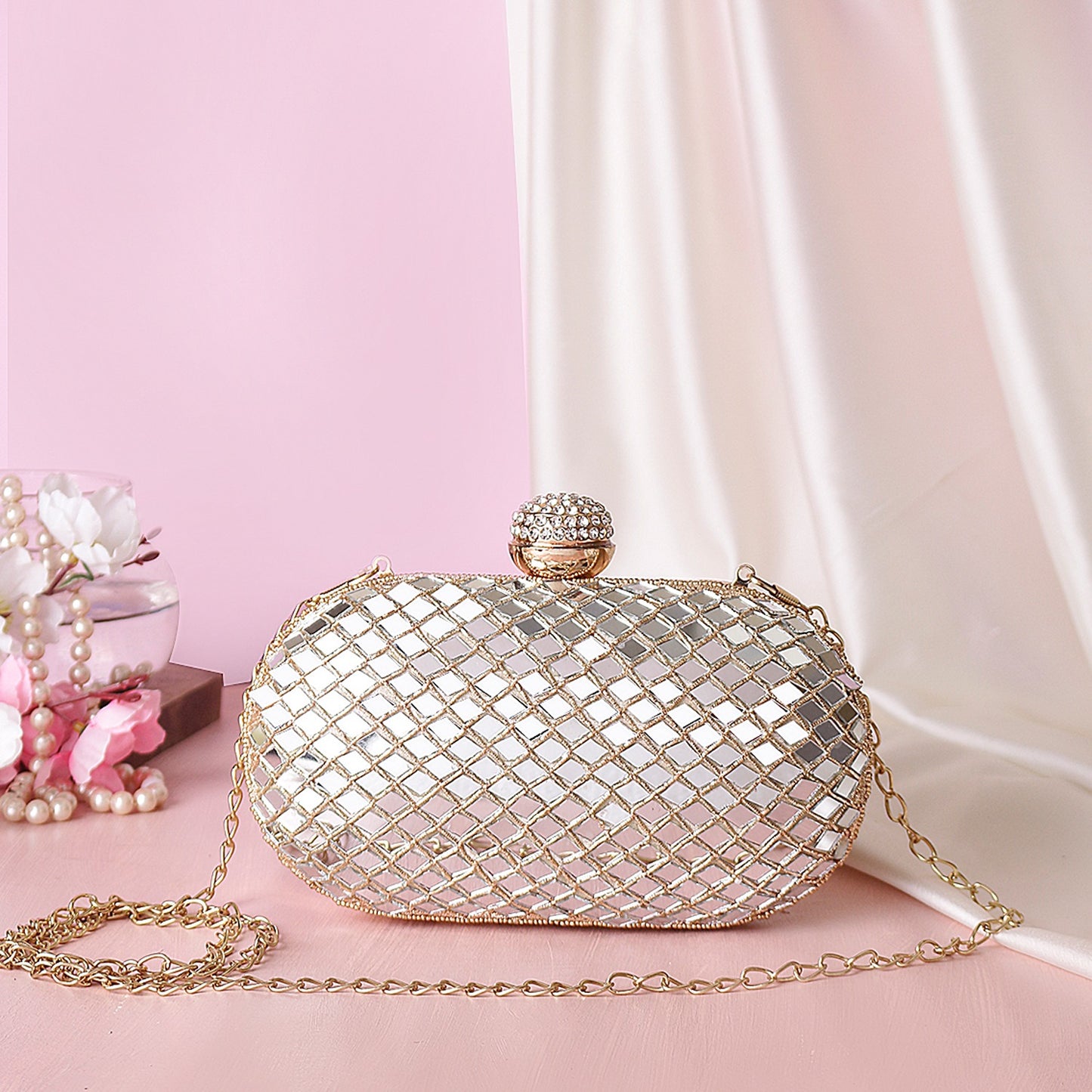Designer Oval Clutch With Mirror Work