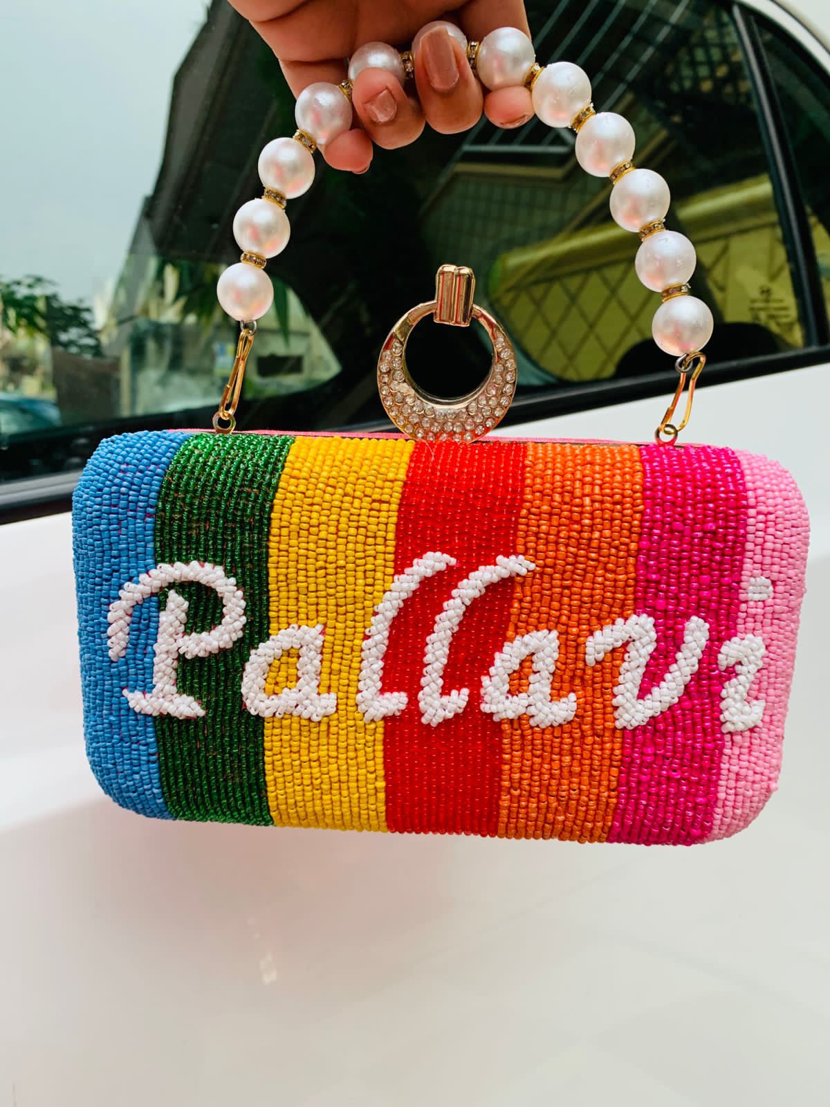 Multicolor beadwork clutch with customization