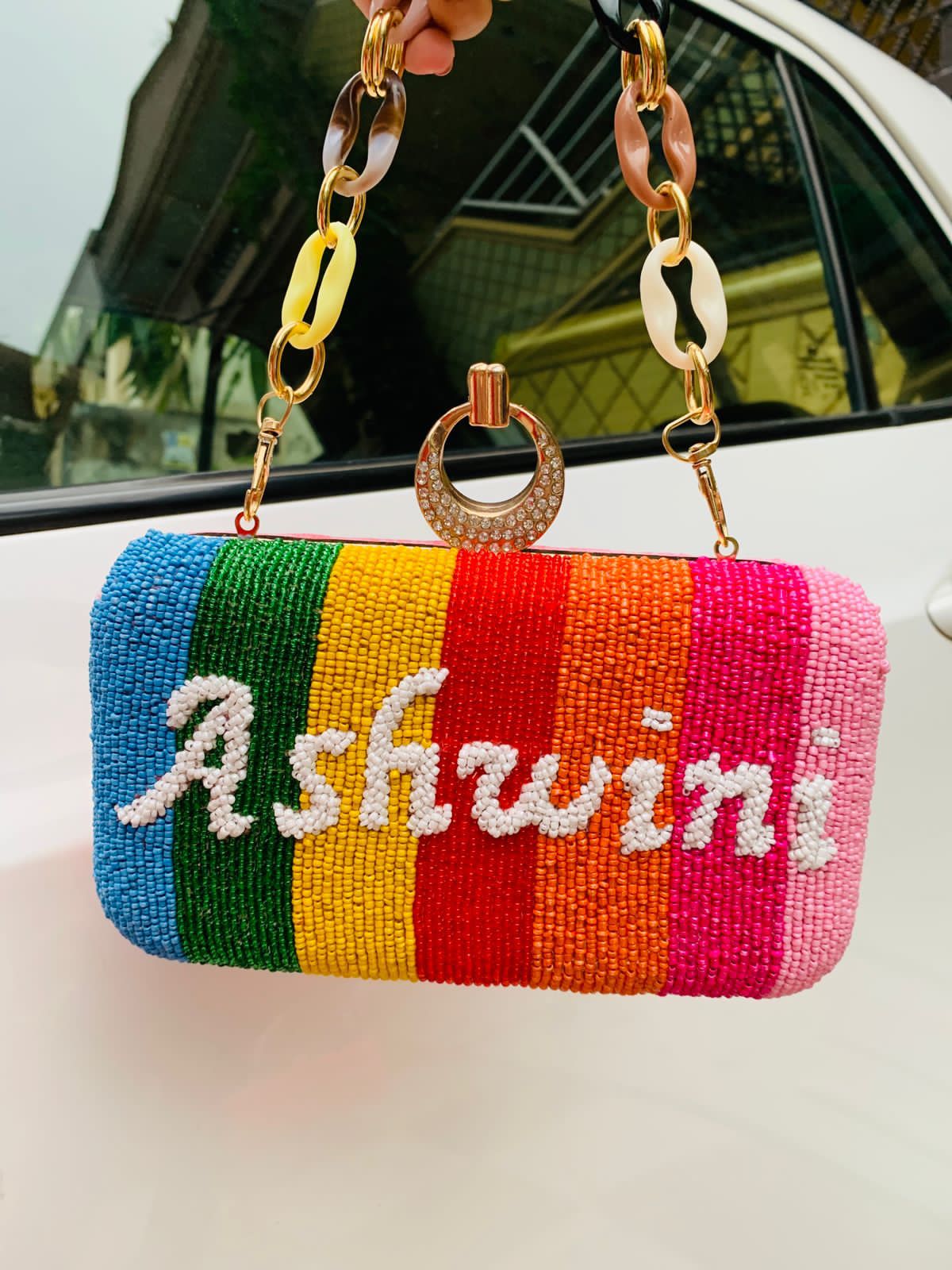 Multicolor beadwork clutch with customization
