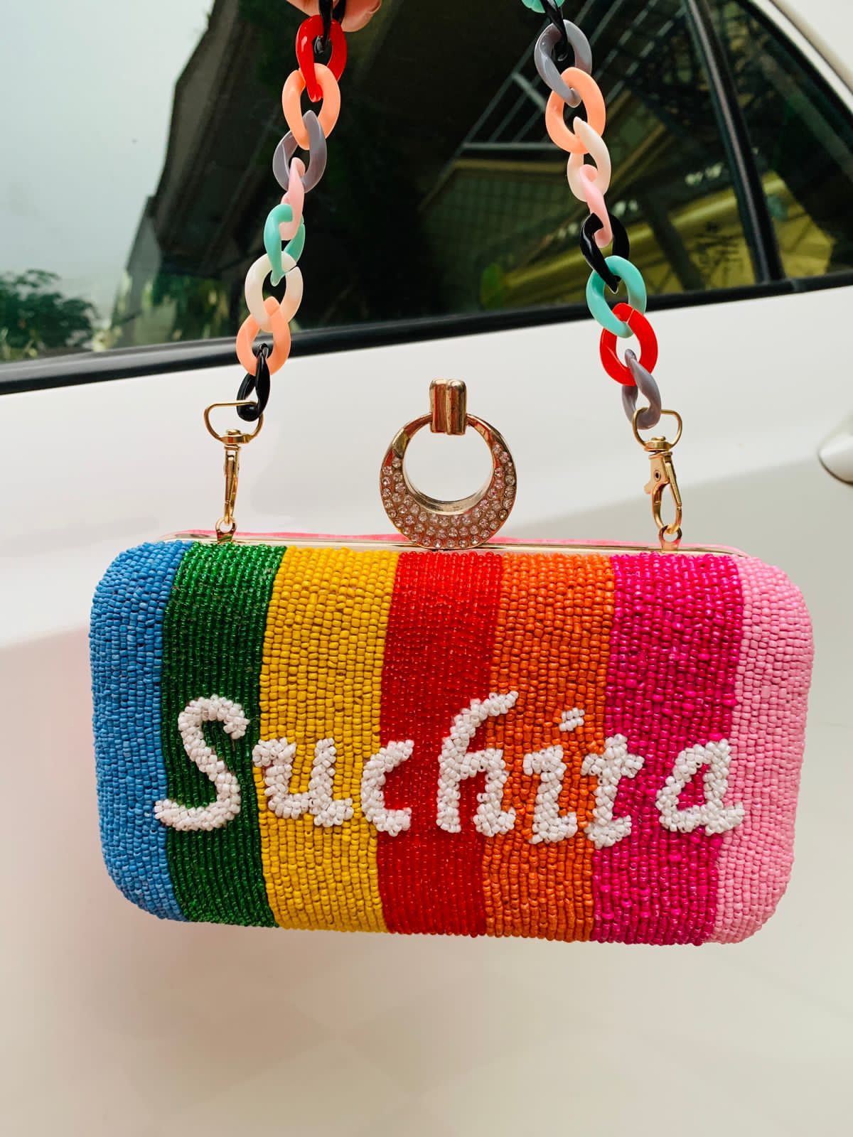 Multicolor beadwork clutch with customization