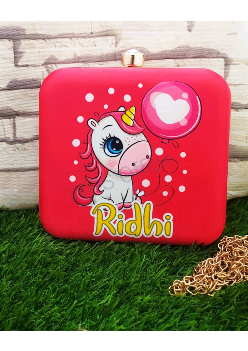 Unicorn printed custom name clutch