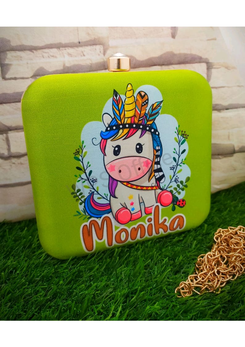 Unicorn printed custom name clutch