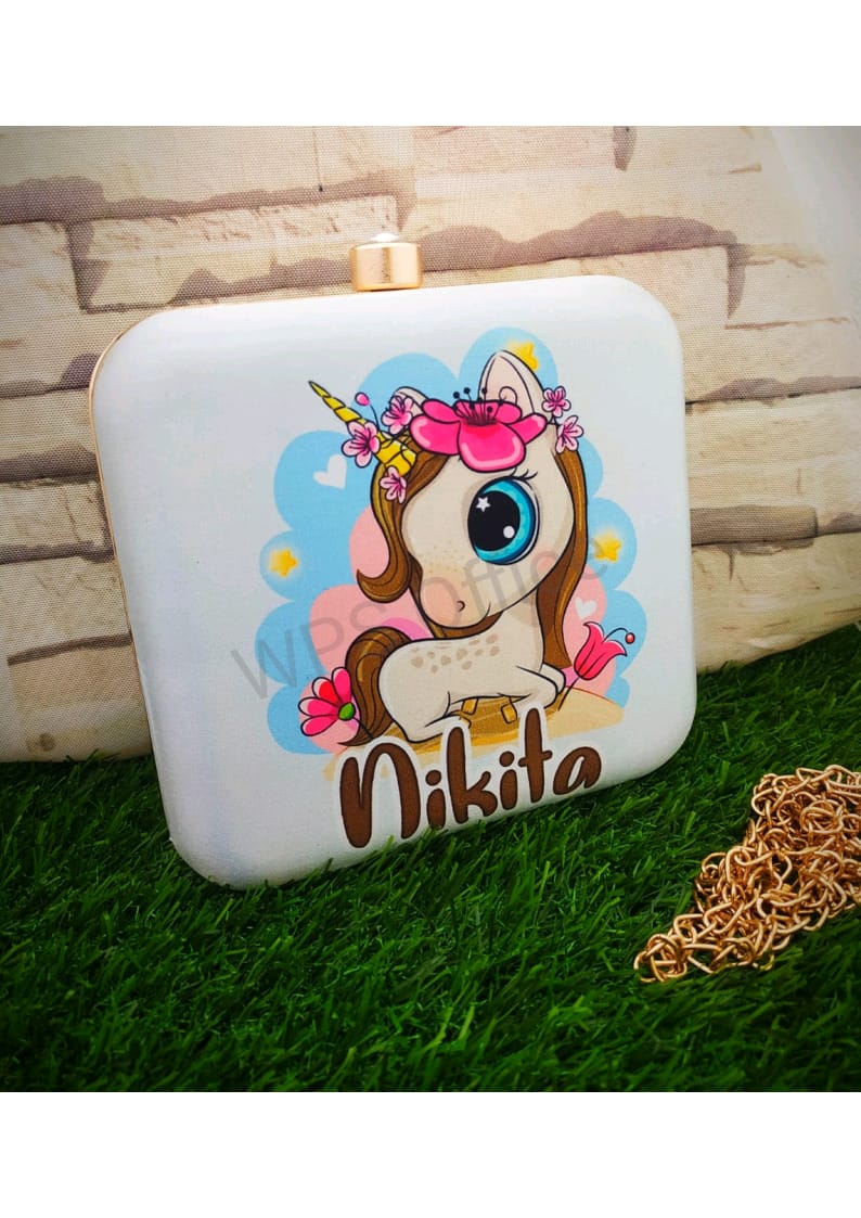 Unicorn printed custom name clutch