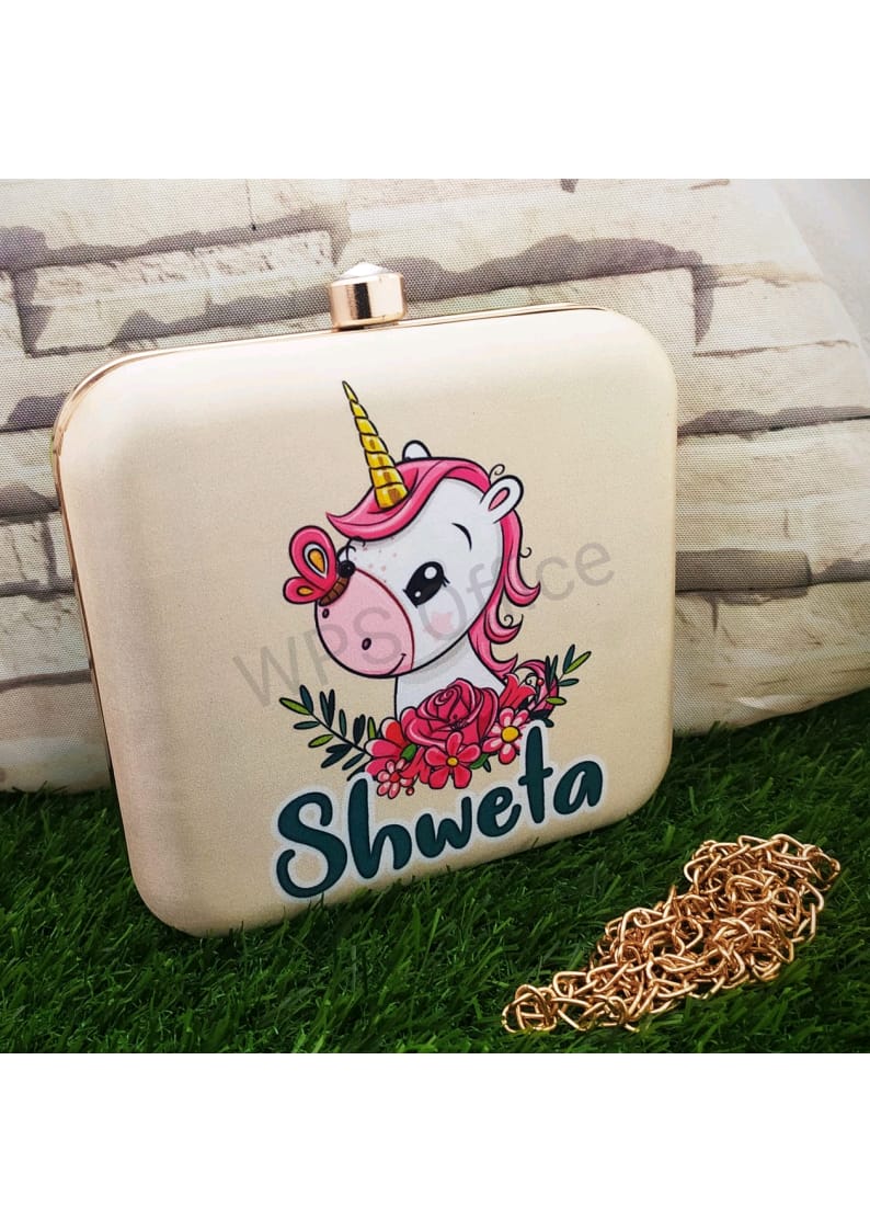 Unicorn printed custom name clutch
