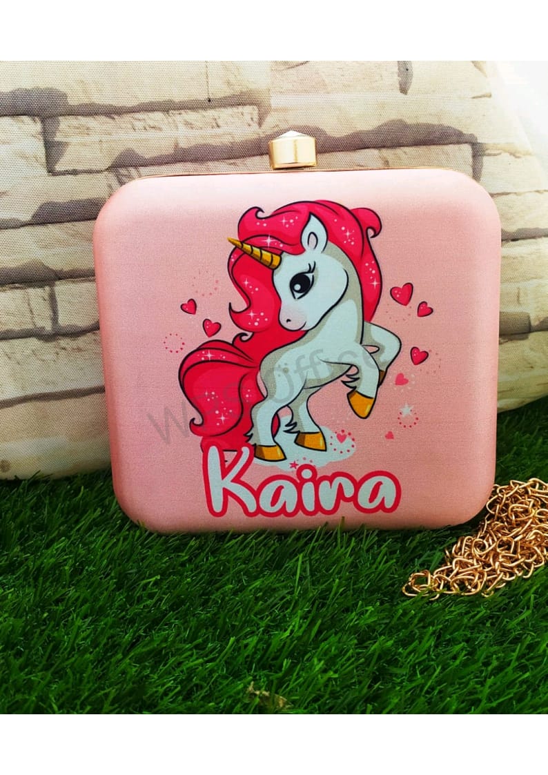 Unicorn printed custom name clutch
