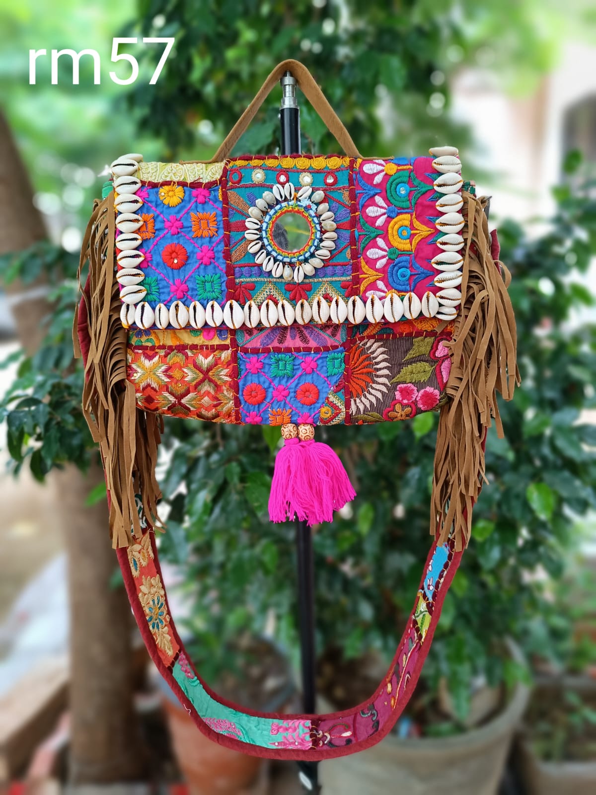 Assorted banjara embroidery patch work handmade PINK fringe sling bag
