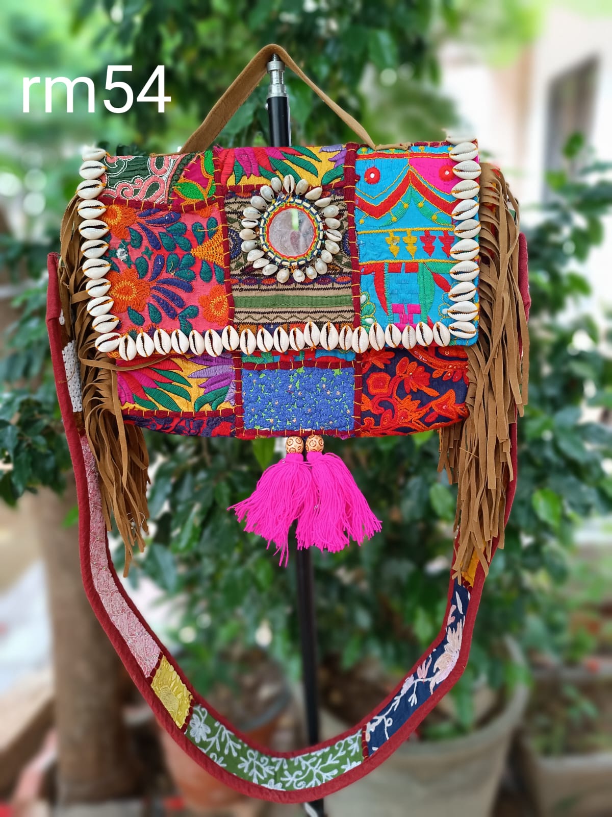 Assorted banjara embroidery patch work handmade PINK fringe sling bag
