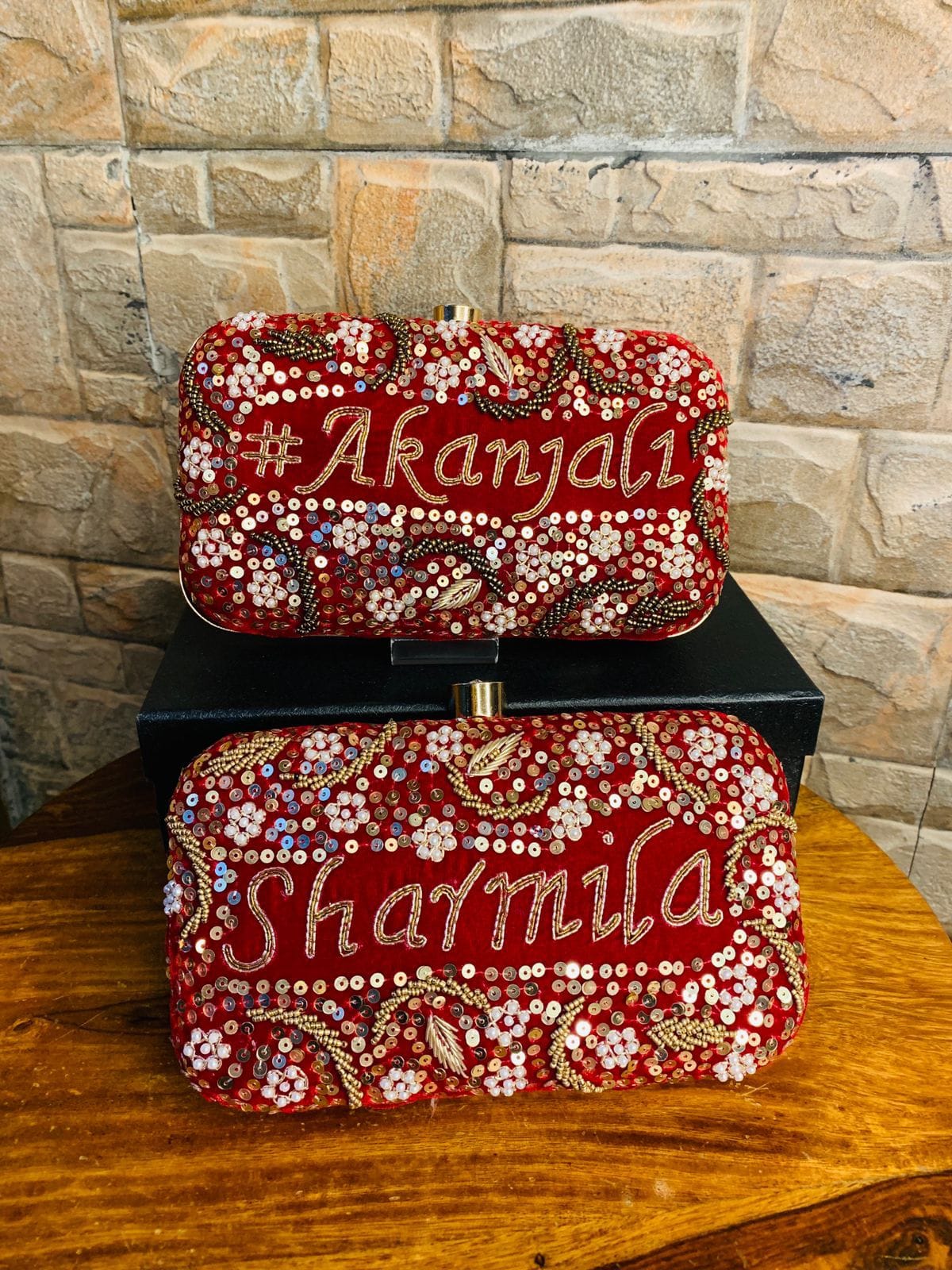 Velvet box name clutch with pearl work