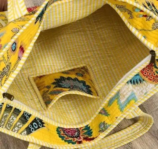 Yellow safari print handmade quilted tote bag