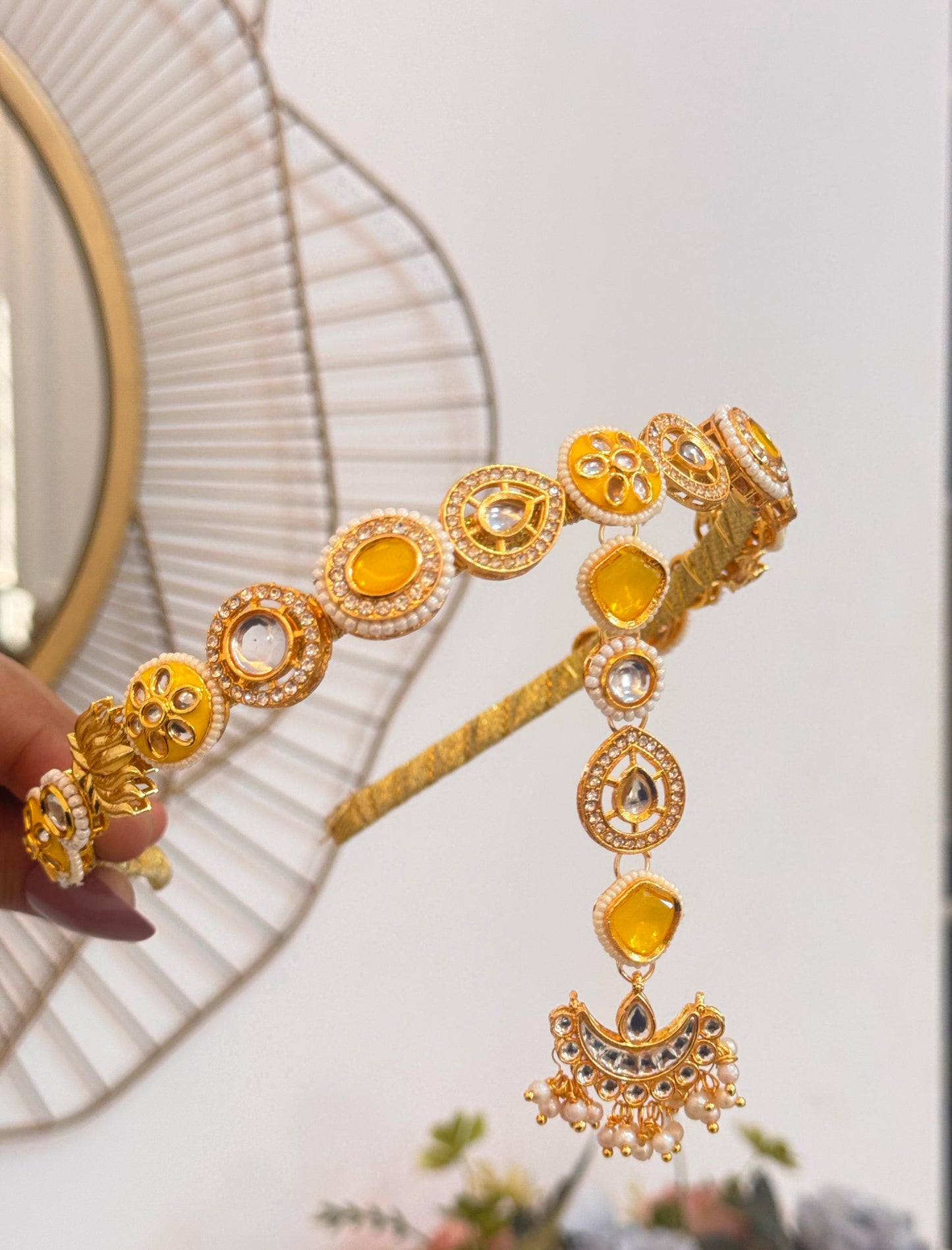 Yellow kundan headband with maang teeka