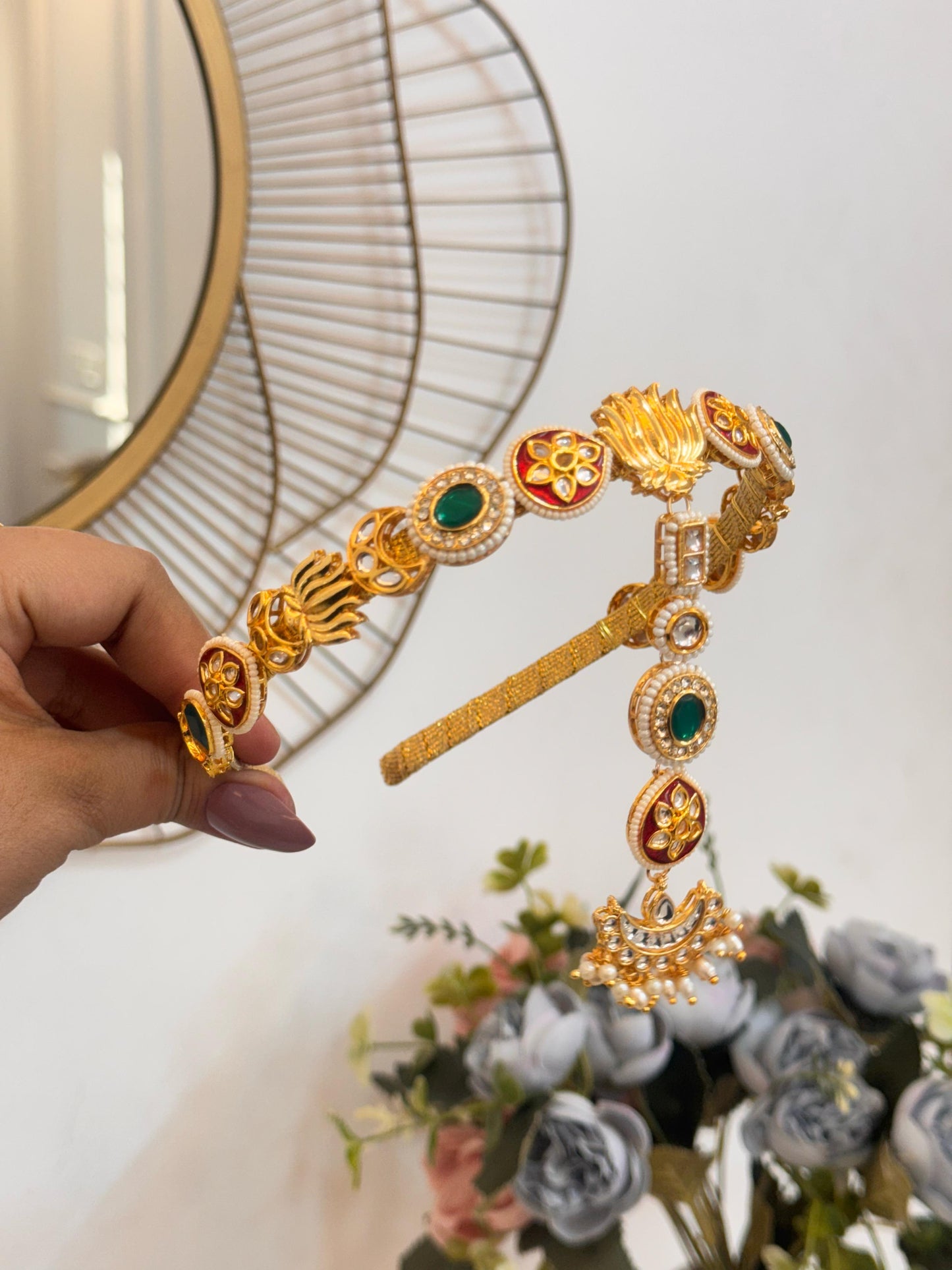 Yellow green kundan headband with maang teeka
