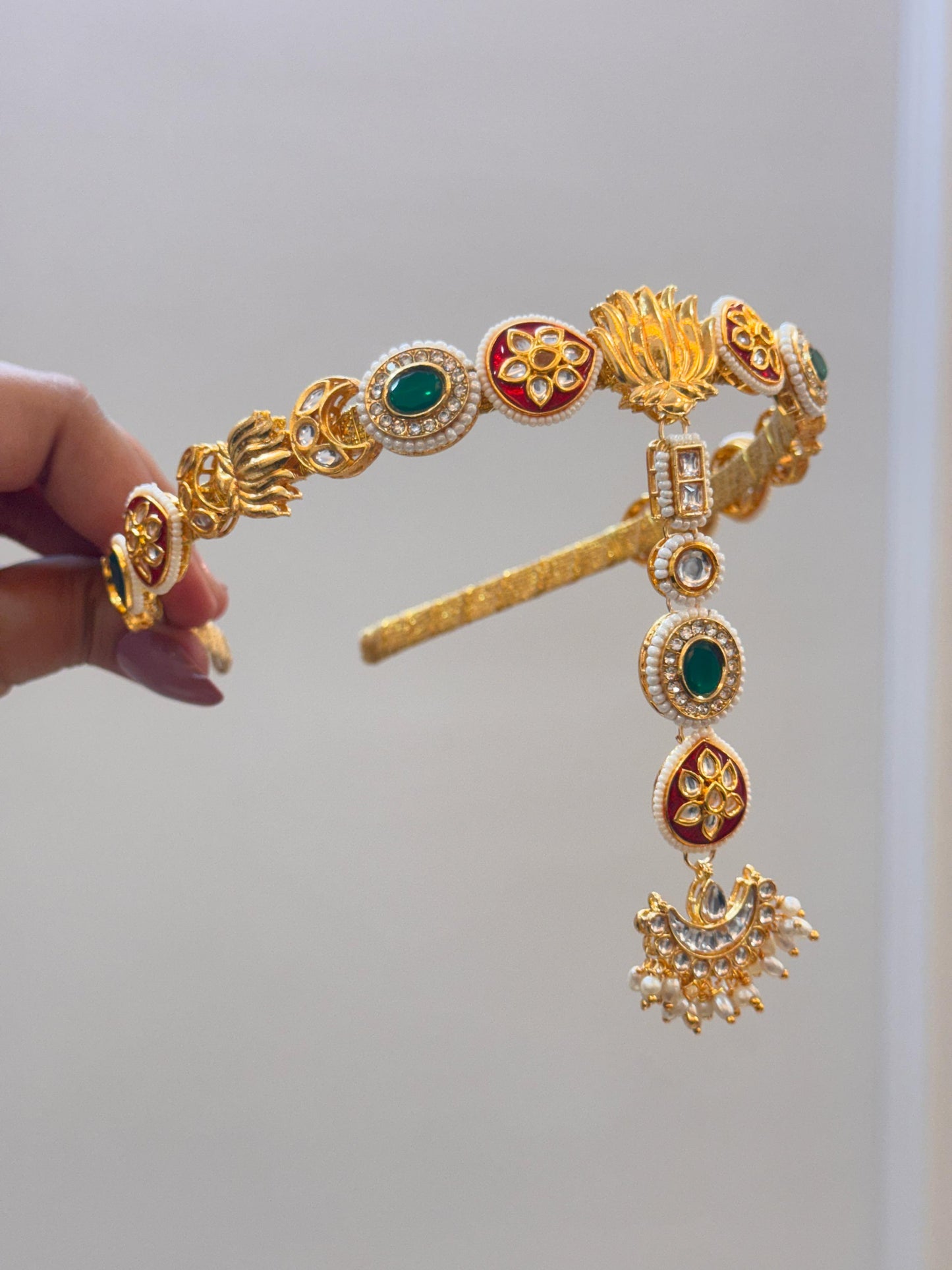 Yellow green kundan headband with maang teeka