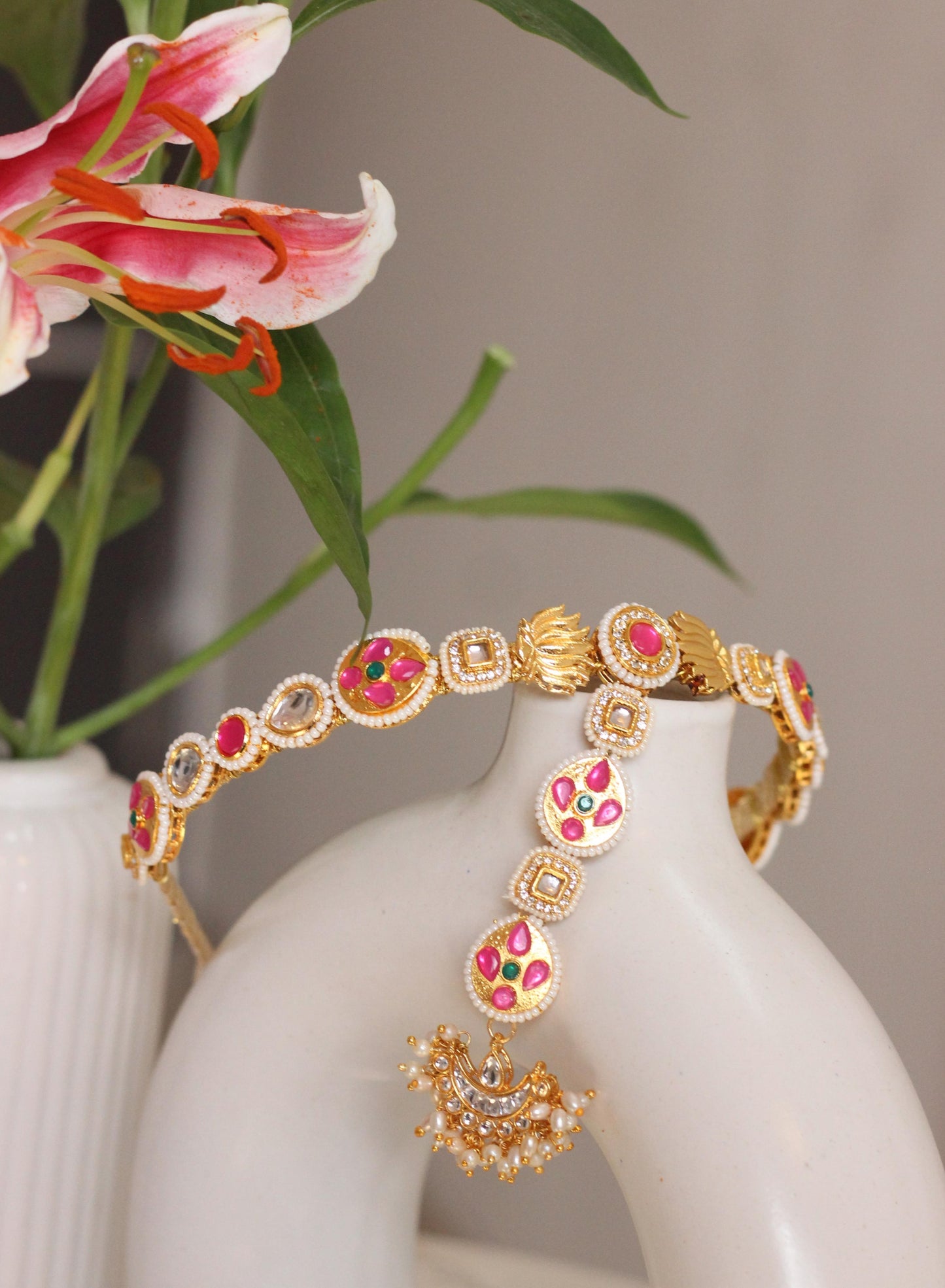 Yellow pink kundan headband with maang teeka