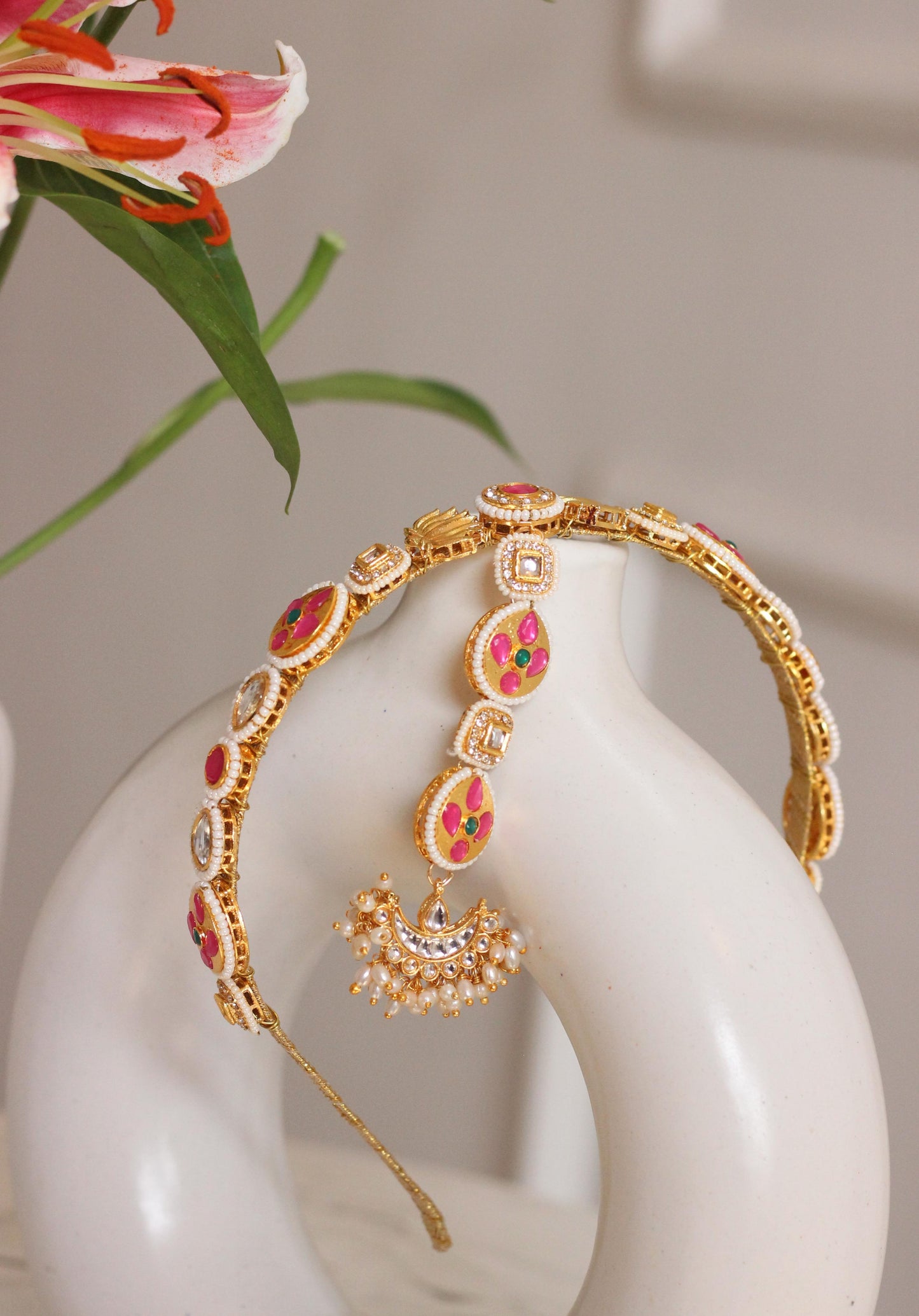 Yellow pink kundan headband with maang teeka