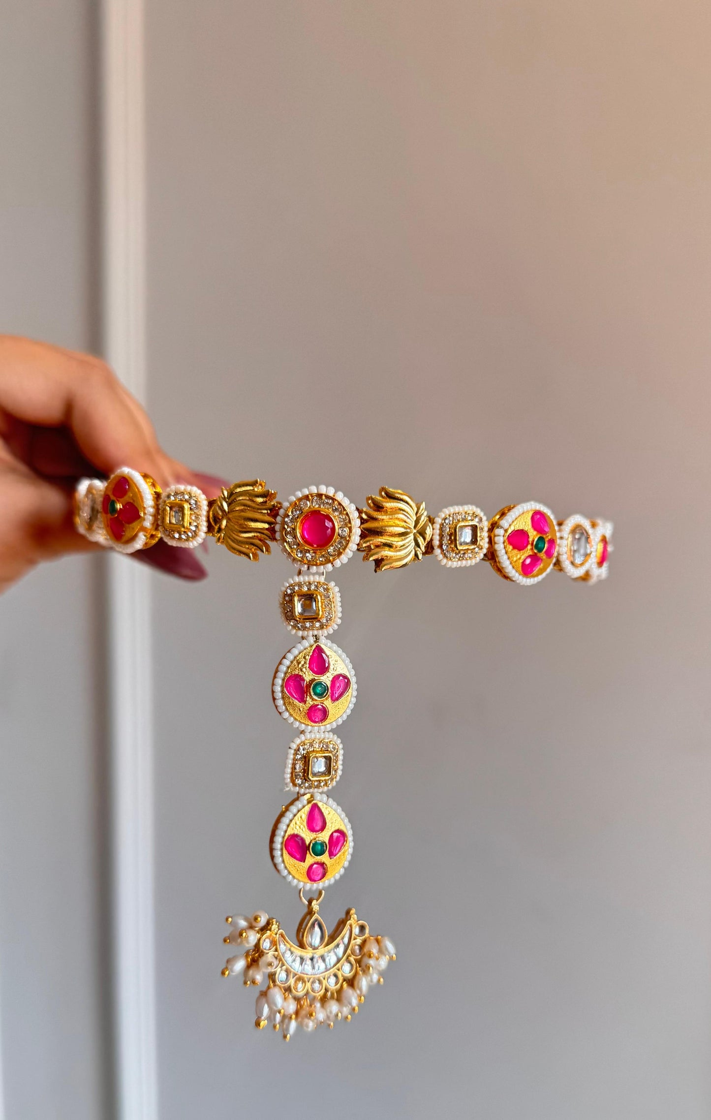Yellow pink kundan headband with maang teeka