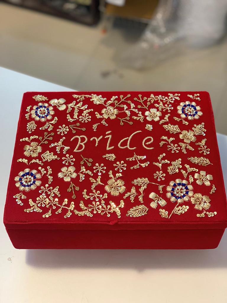 BRIDE red double rod bangle cum jewellery box with embroidery work