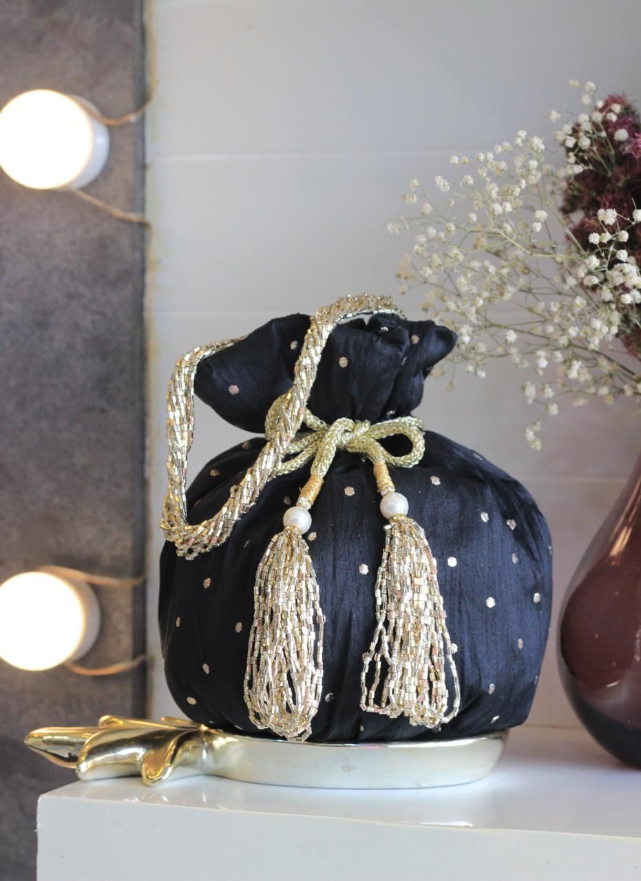Shimmer matka potlis with pearl handle