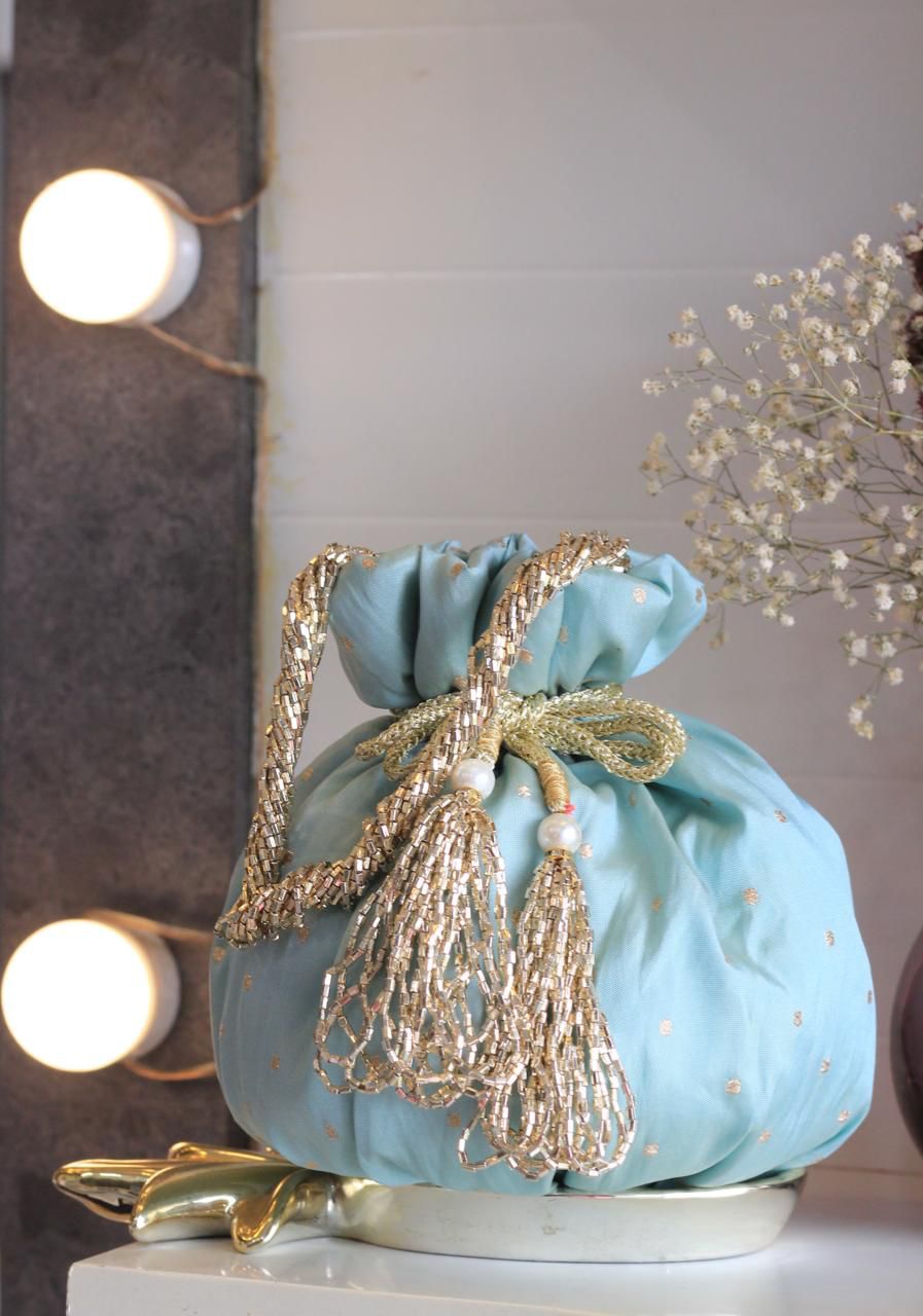 Shimmer matka potlis with pearl handle
