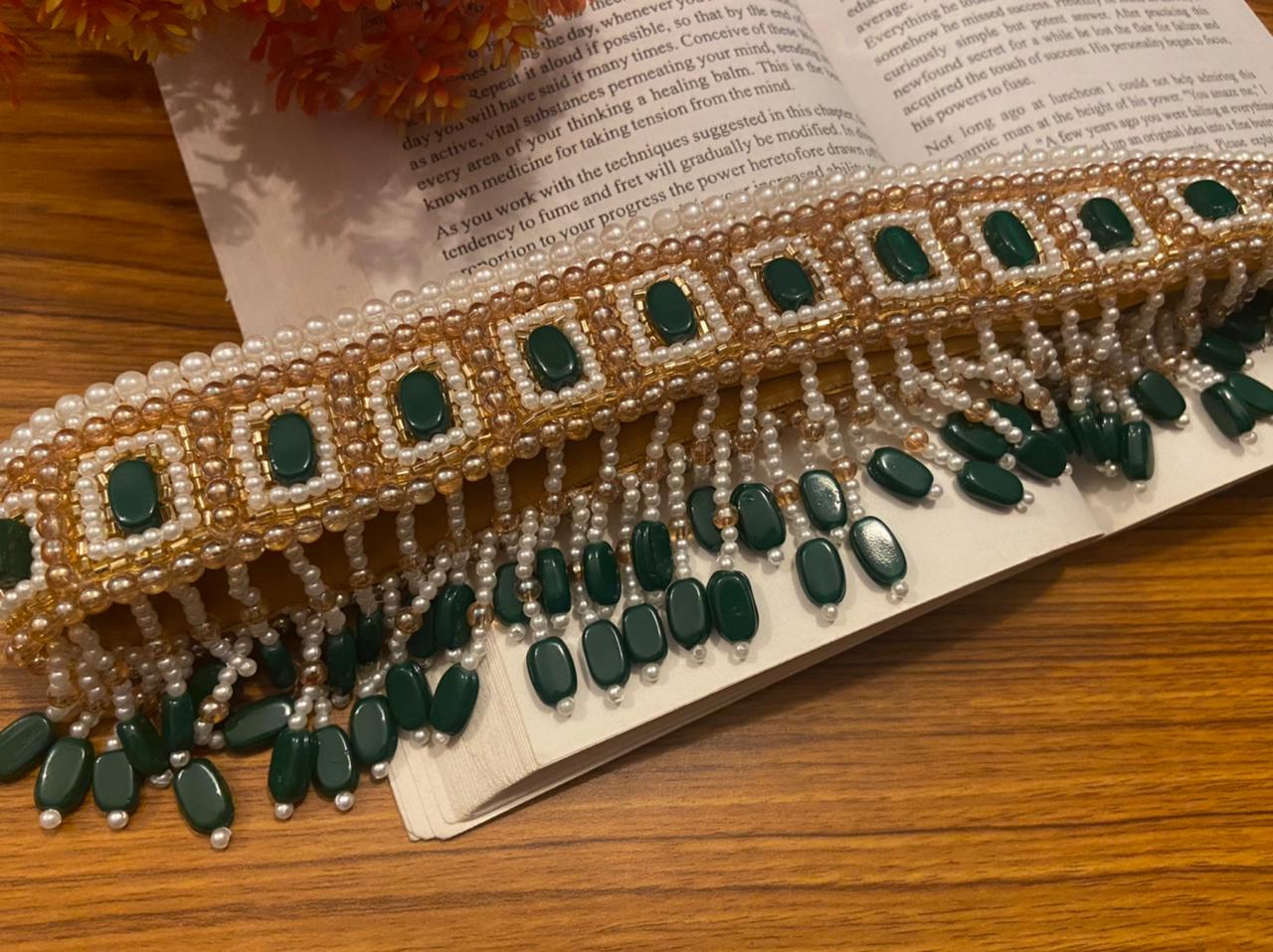 White and Emerald green waistbelt with golden piping and stone work