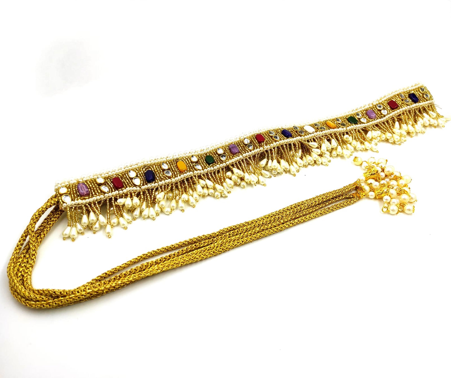 Golden waistbelt with white pearl drop dangles and multicolor stones - Heavywork