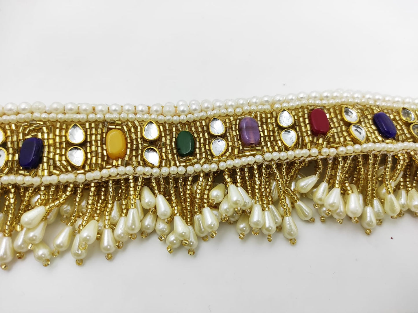 Golden waistbelt with white pearl drop dangles and multicolor stones - Heavywork