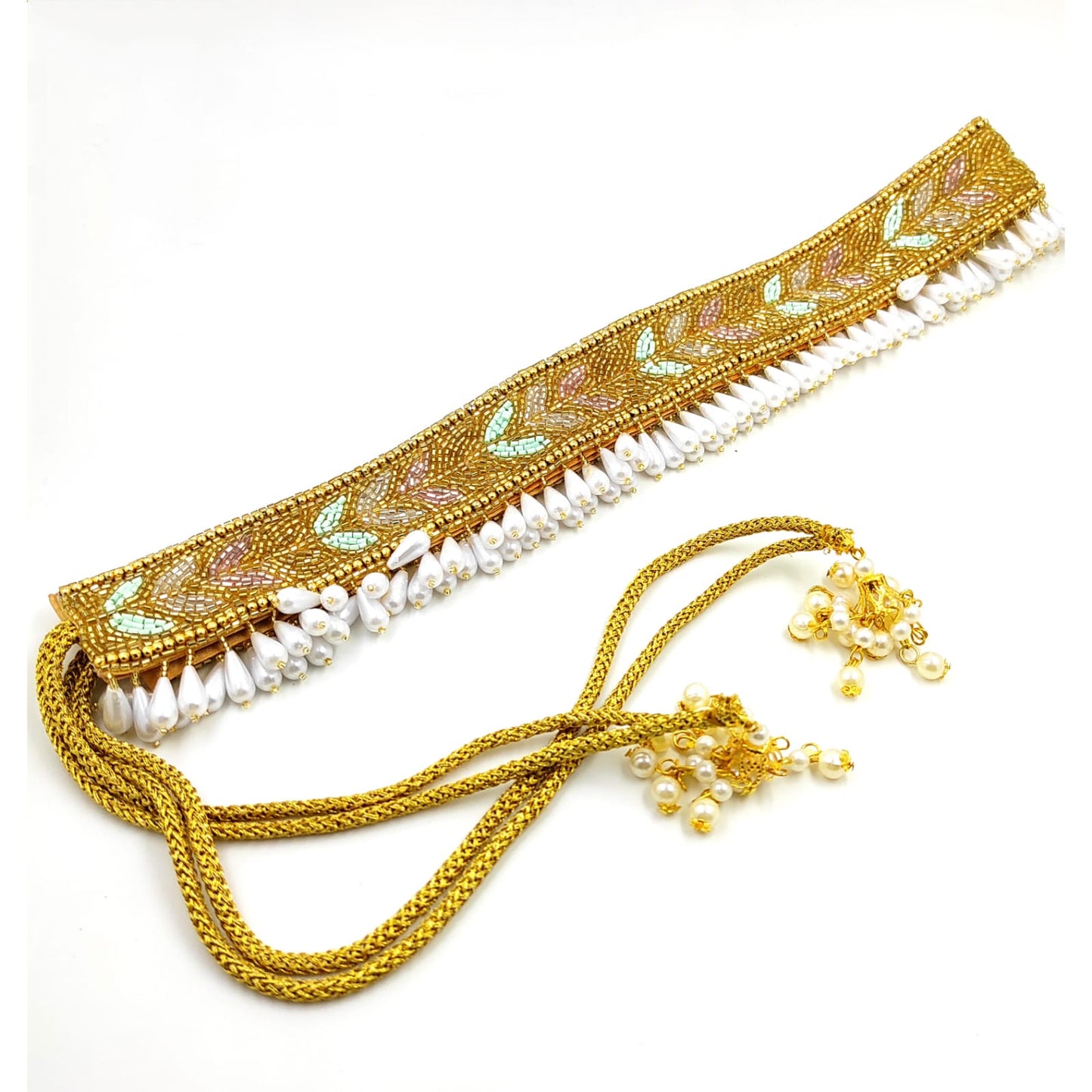 Golden waistbelt with white pearl drop dangles