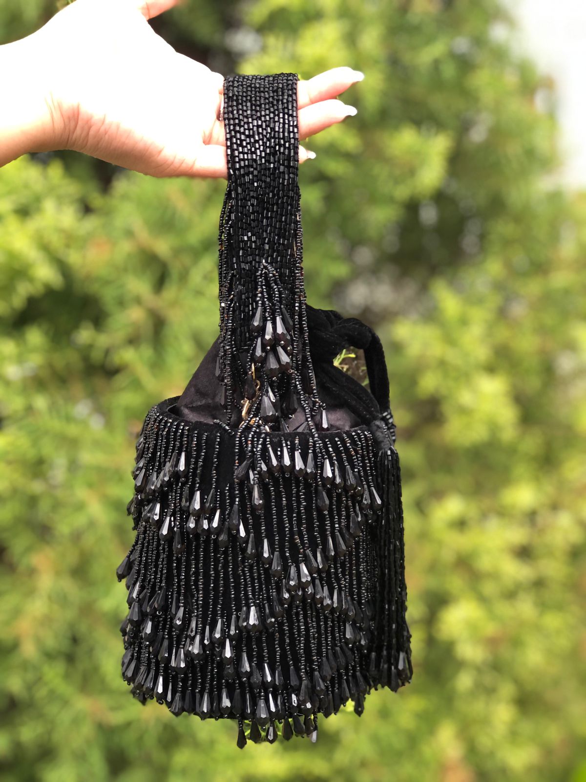 Celebrity style BLACK drawstring potli bucket bag with karadana pearl drops - EXCLUSIVE COLLECTION