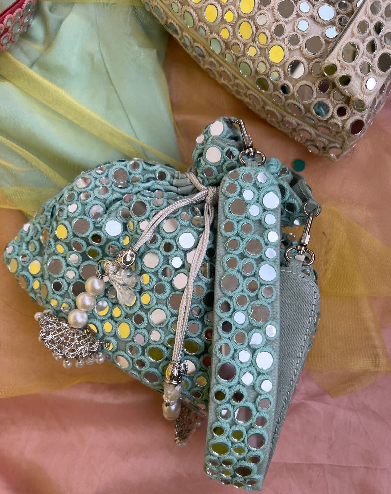 Mirror work potli with bead drawstring closure - AAINA COLLECTION