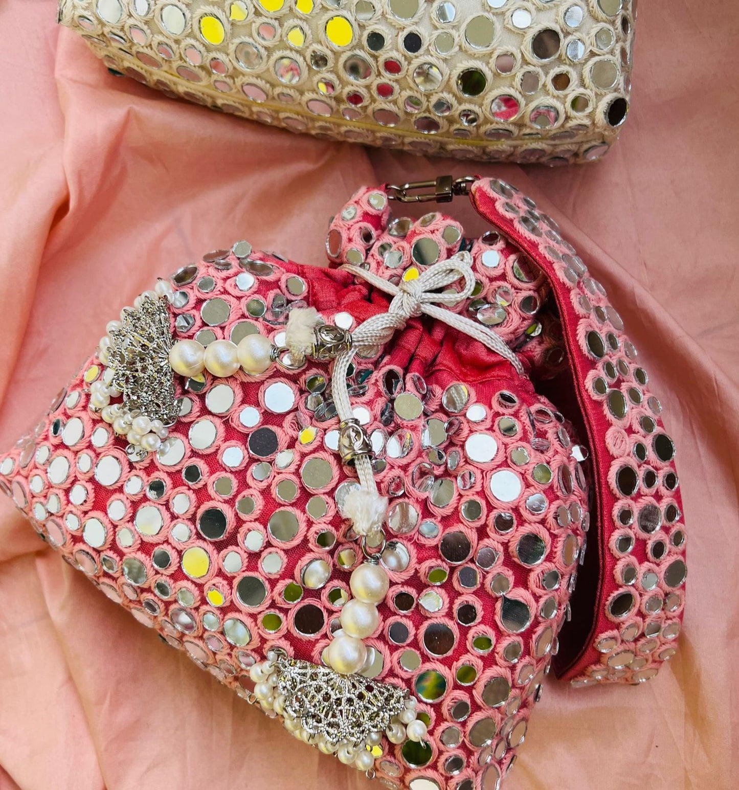 Mirror work potli with bead drawstring closure - AAINA COLLECTION