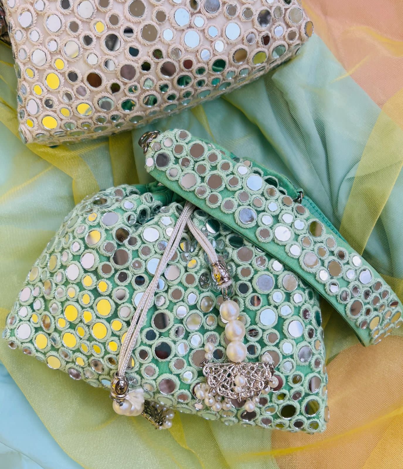 Mirror work potli with bead drawstring closure - AAINA COLLECTION