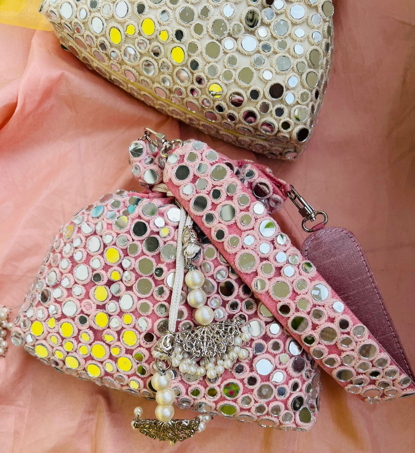 Mirror work potli with bead drawstring closure - AAINA COLLECTION