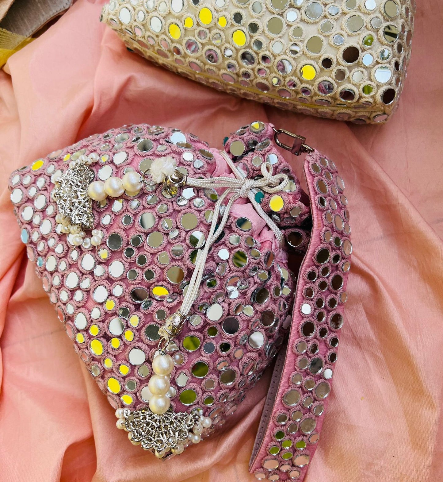 Mirror work potli with bead drawstring closure - AAINA COLLECTION