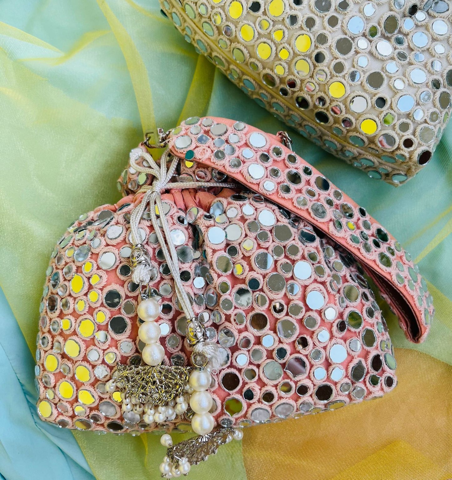 Mirror work potli with bead drawstring closure - AAINA COLLECTION