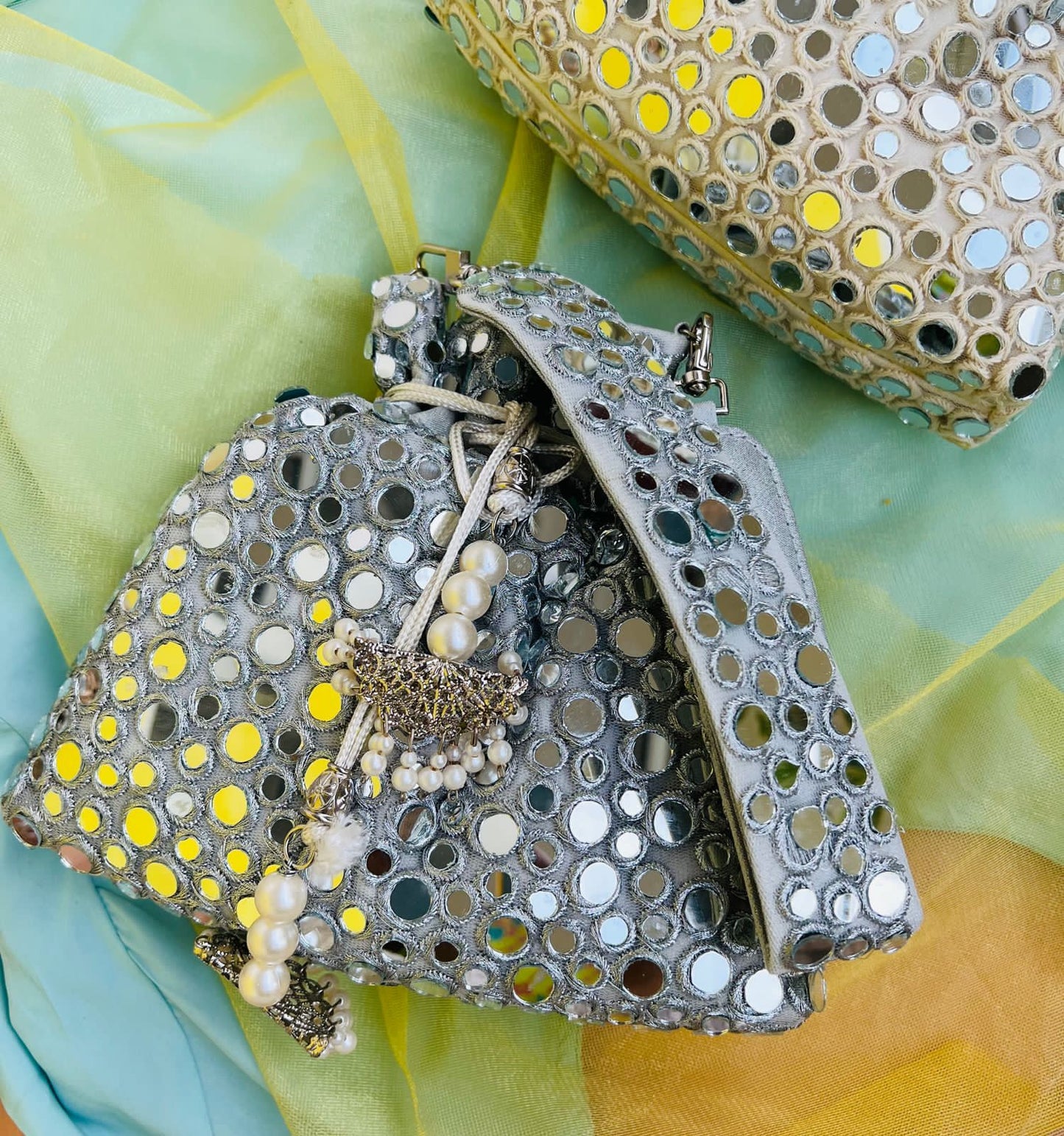 Mirror work potli with bead drawstring closure - AAINA COLLECTION