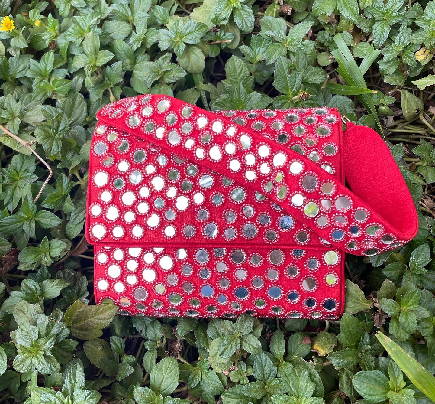 Mirror & bead work flap bag with broad strap - RED