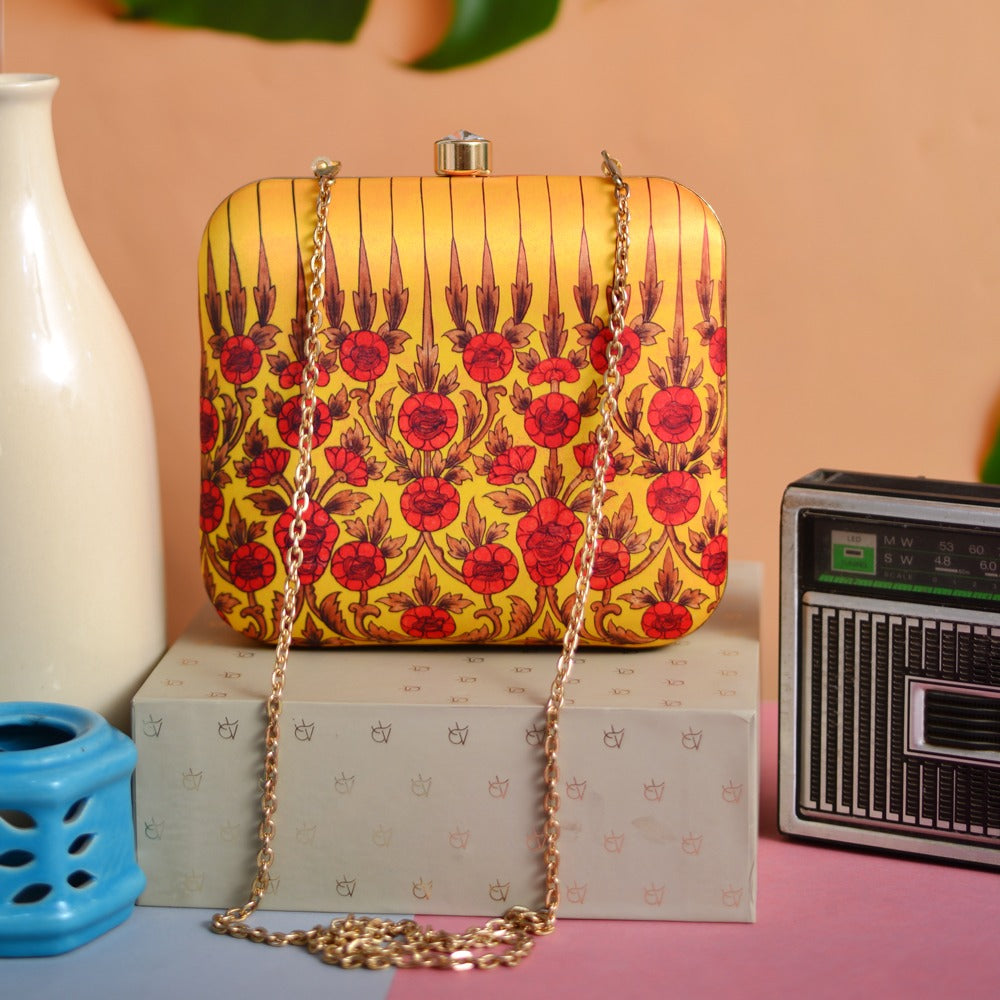 Yellow digital print fabric clutch