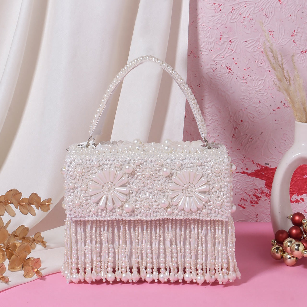 Box style bridal bead work flap bag with floral pattern