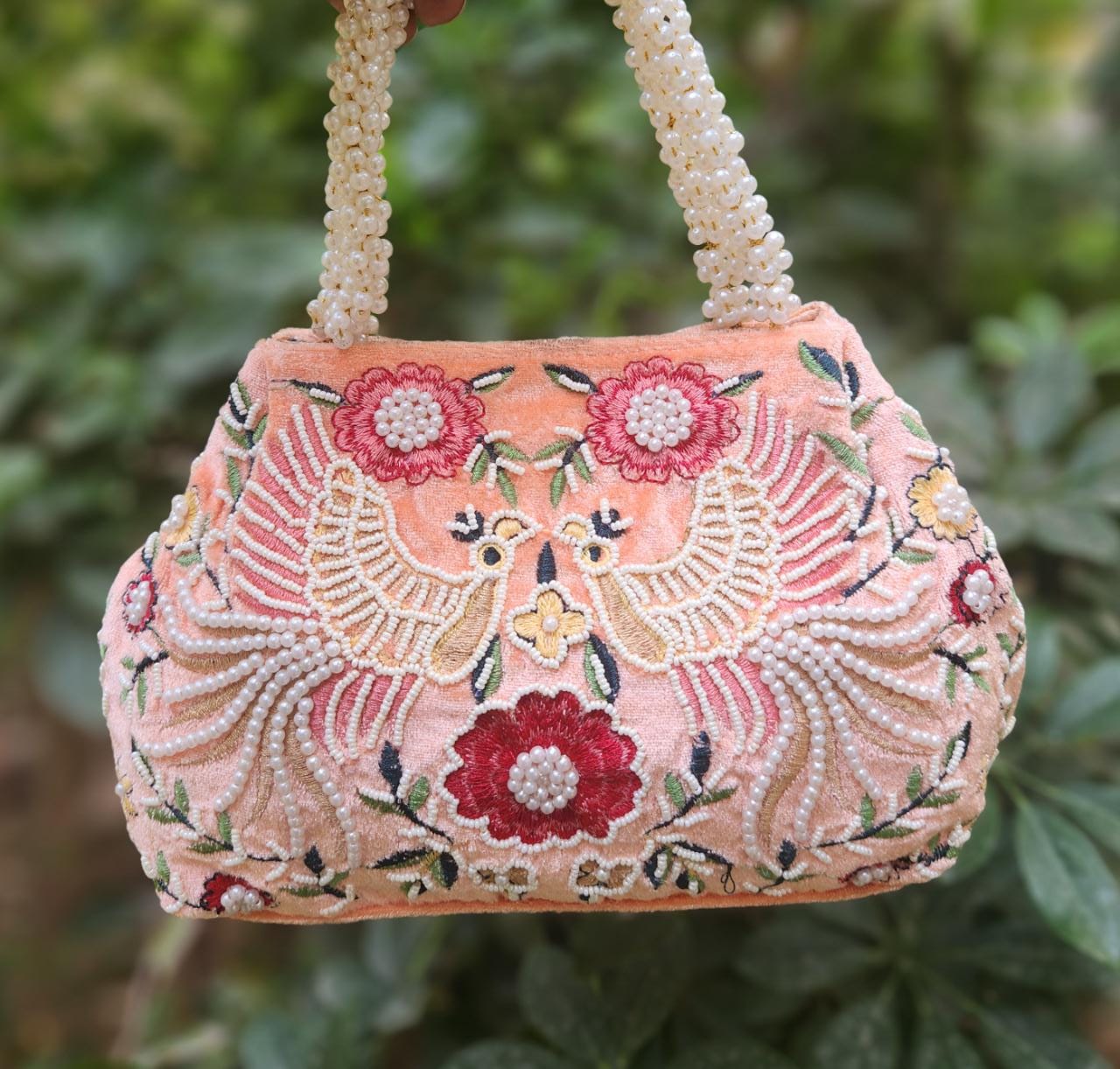 Bird embroidery handwork potli with pearl handle