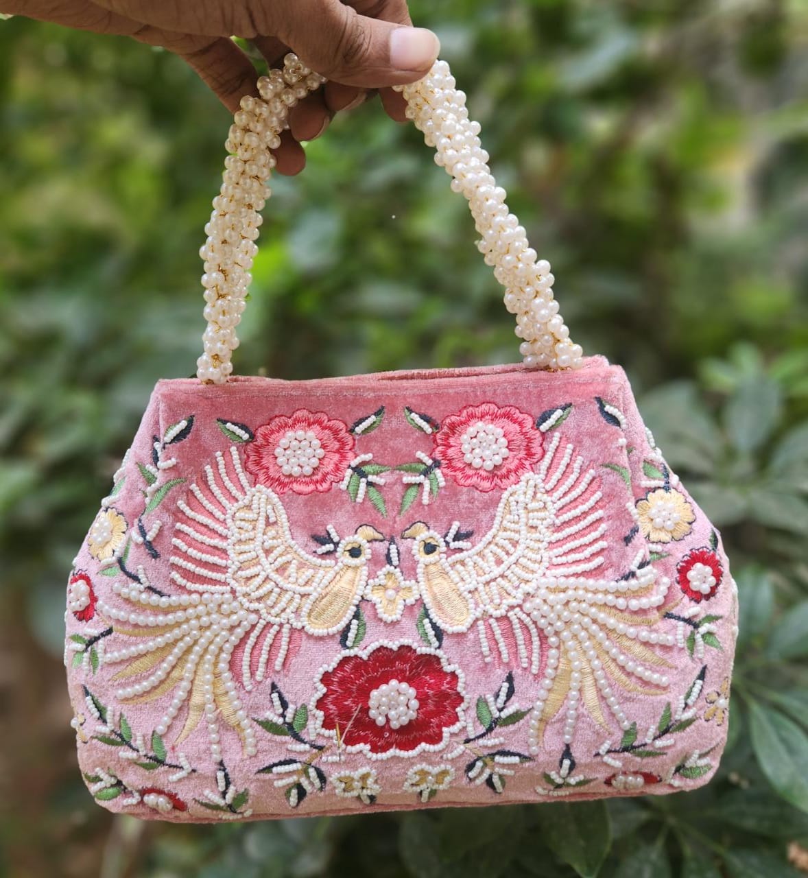 Bird embroidery handwork potli with pearl handle