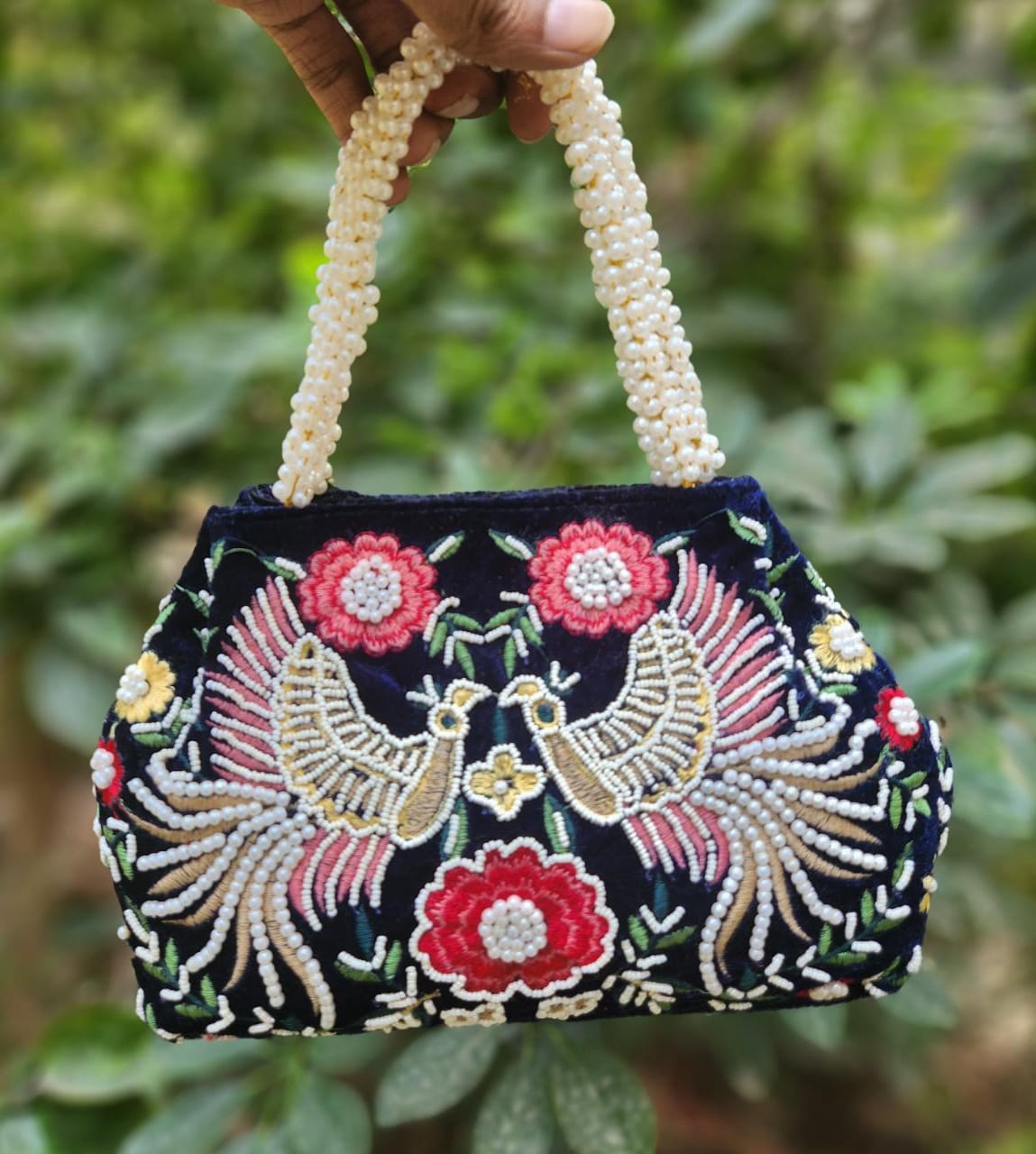 Bird embroidery handwork potli with pearl handle